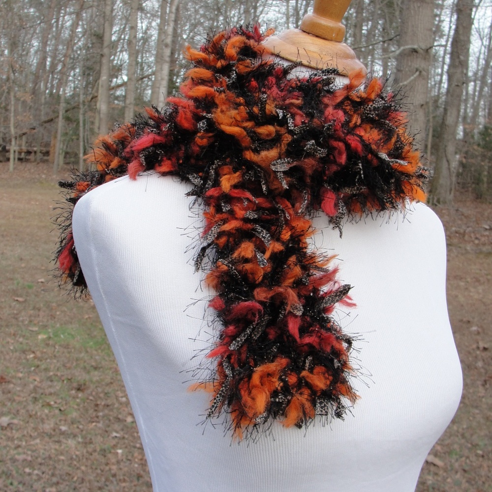 Hand Knit Scarf in Wispy Black and Orange